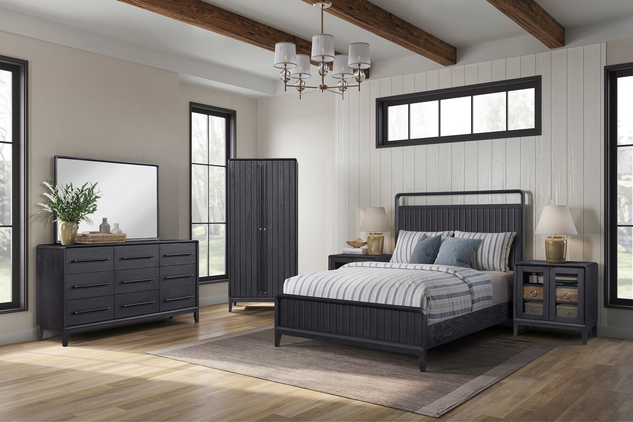 Modern bedroom with dark wood furniture including a bed, dresser, and wardrobe.